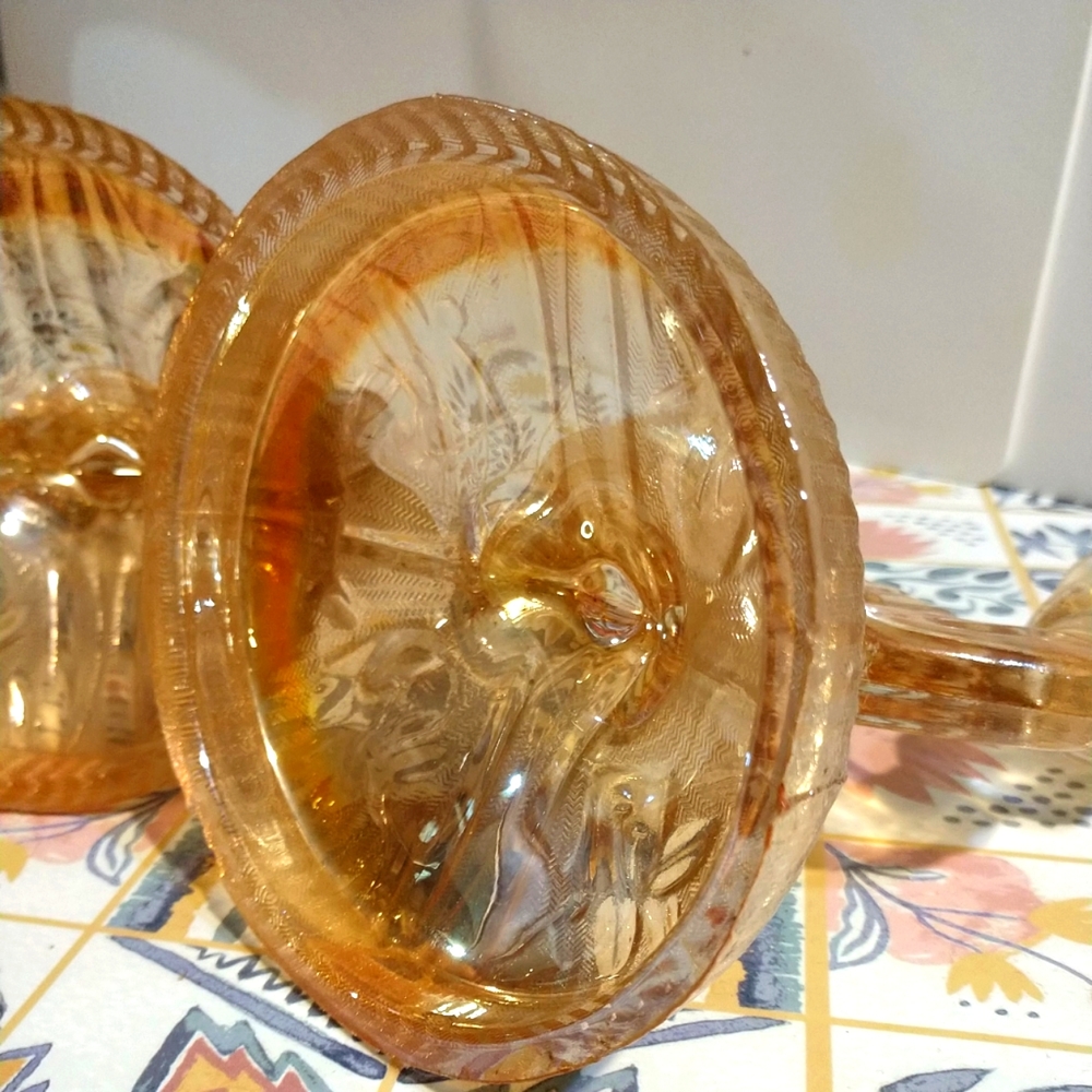 Vtg Depression Carnival Glass Iris Flowers Orange Marigold Candle Holders - Picture 7 of 11